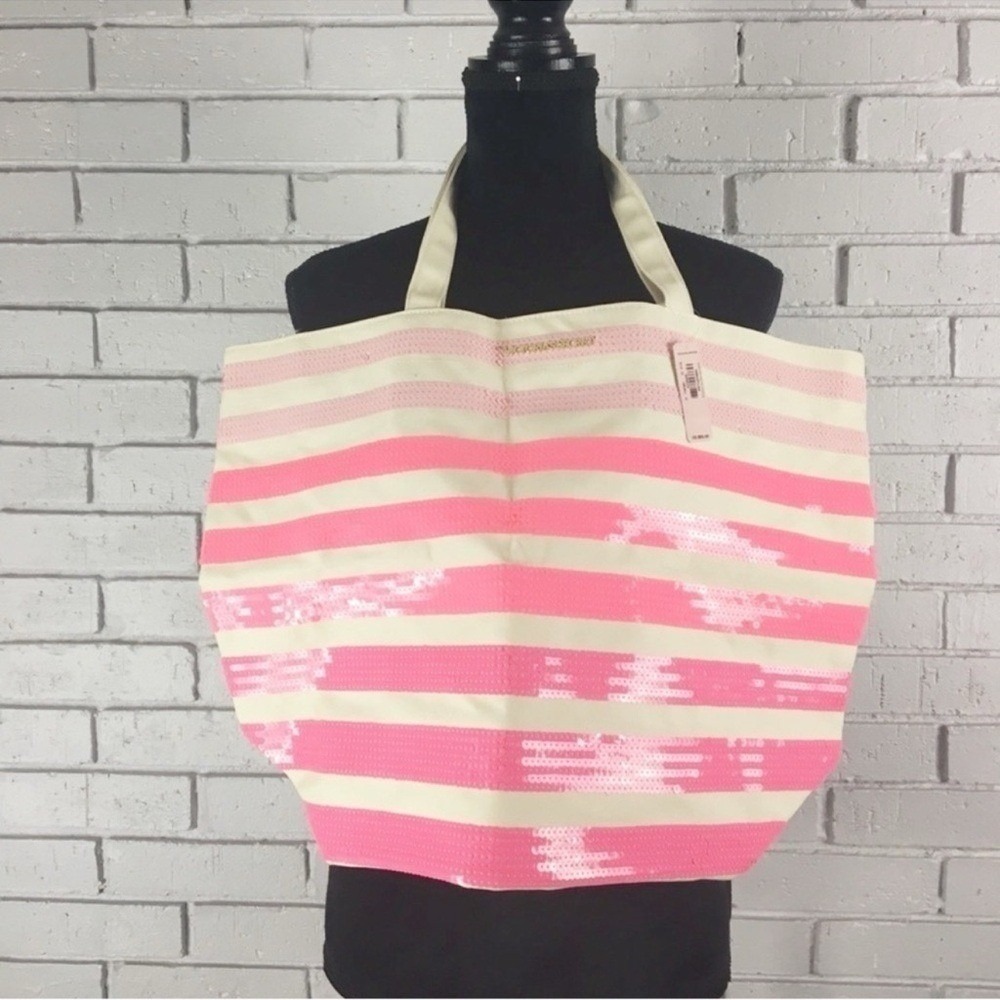 Victoria's‎ Secret Pink Striped Sequin Canvas Tote Bag Large Beach Travel New
